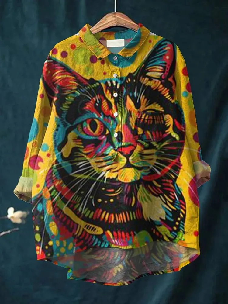 Vintage Lovely Cats Art Pattern 3D Printed Fashion Women's Lapel Long Sleeve Pocket Shirt Spring Casual open tube shirt KT-19