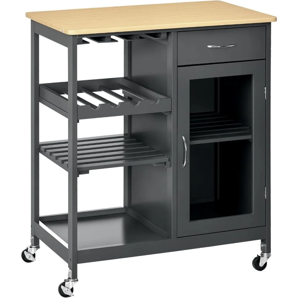 Kitchen Island Cart with Storage, Wine Rack, Stemware Holder, Shelves, and Drawer