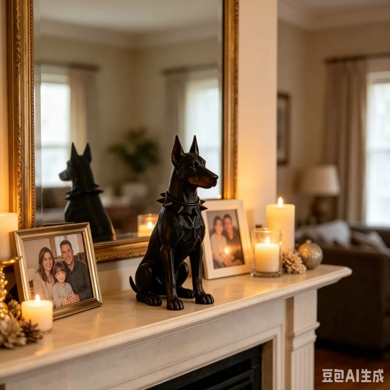 Figura Realista de Doberman Pinscher Sentado, Estatua de Perro con Collar de Púas, Mini Mascota para Decoración de Estanterías, Escritorios, Interiores y Mesas del Hogar