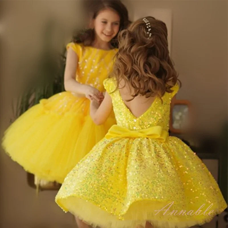 Annabelle-Vestido de baile de lantejoulas inchado, vestido princesa sem costas com laço, vestido de aniversário infantil, festa de casamento