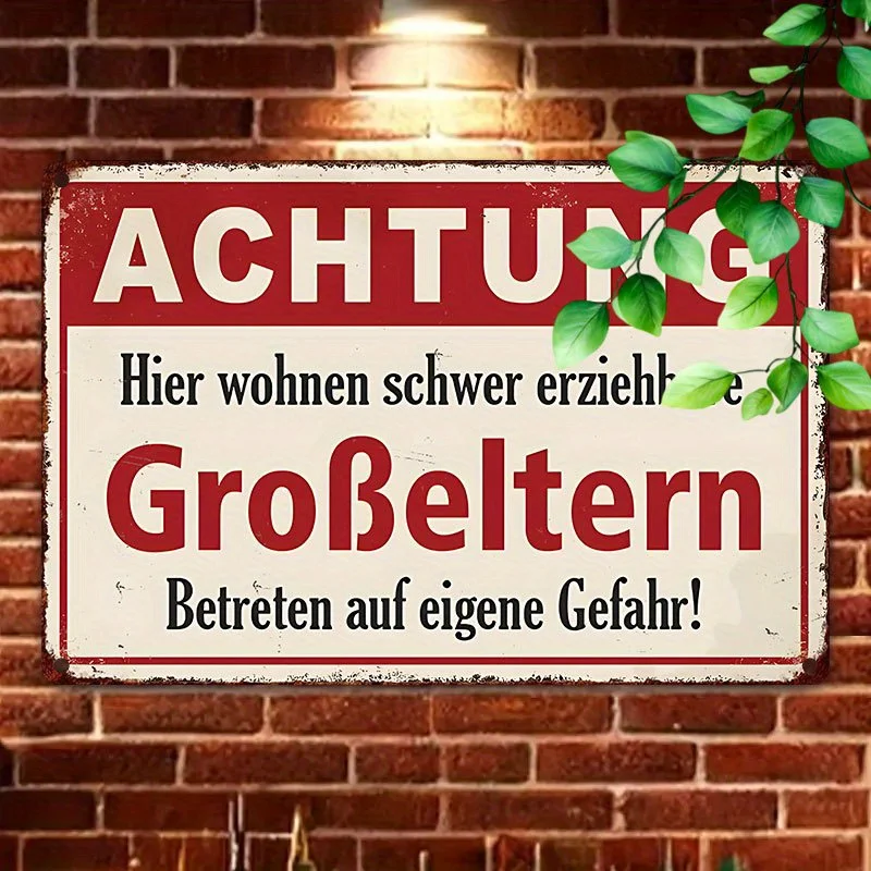 2D Flat, 1pc Funny German Grandparents Warning Sign - Vintage German Text Metal Wall Decor  Retro Humor Plaque for Home