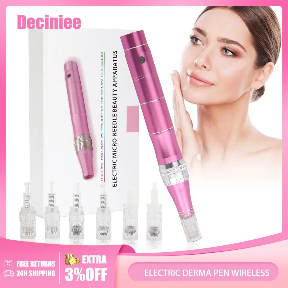 Derma Pen eléctrico Dispositivo de máquina de cuidado de la piel inalámbrico Microblading profesional MicroNeedles Gun Derma Mesoterapia 6pcs