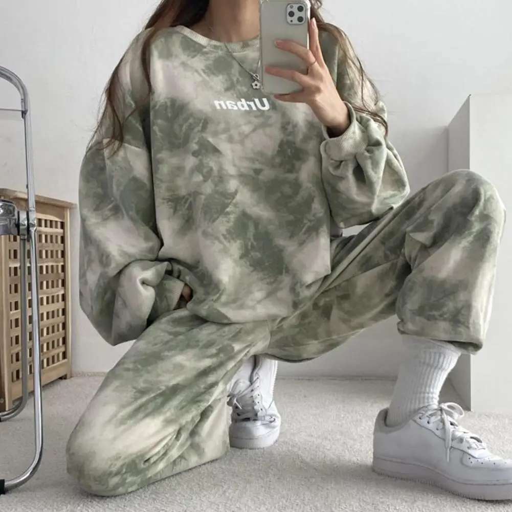 2 Piece Set Women Outfit Letter Print Tie Dye Hoodies Sweatshirt Pants Tracksuit 2022 Plus Size Streetwear Casual Suit