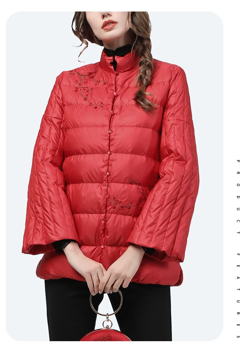 Vintage Bestickt Chinesischen Rot Frauen Unten Jacke Lose Plus Größe Warme Verdicken Weiße Ente Unten Puffer Mantel Weibliche Winter Parkas