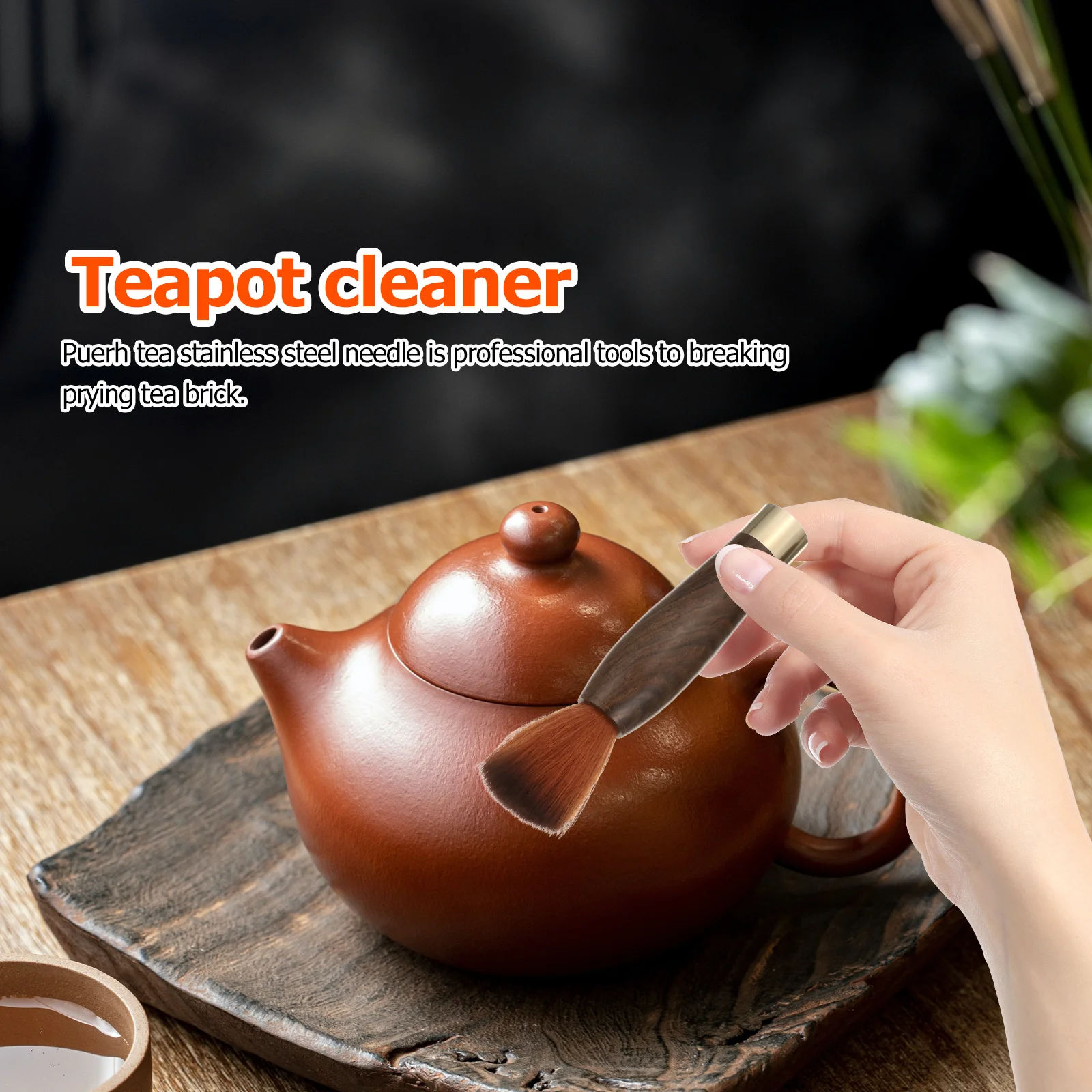 

2-in-1 Wood Handle Tea Pot Brush Professional Stainless Steel Tea Needle Teapot Cleaner Tool Wood Handle Teapot Needle Brush