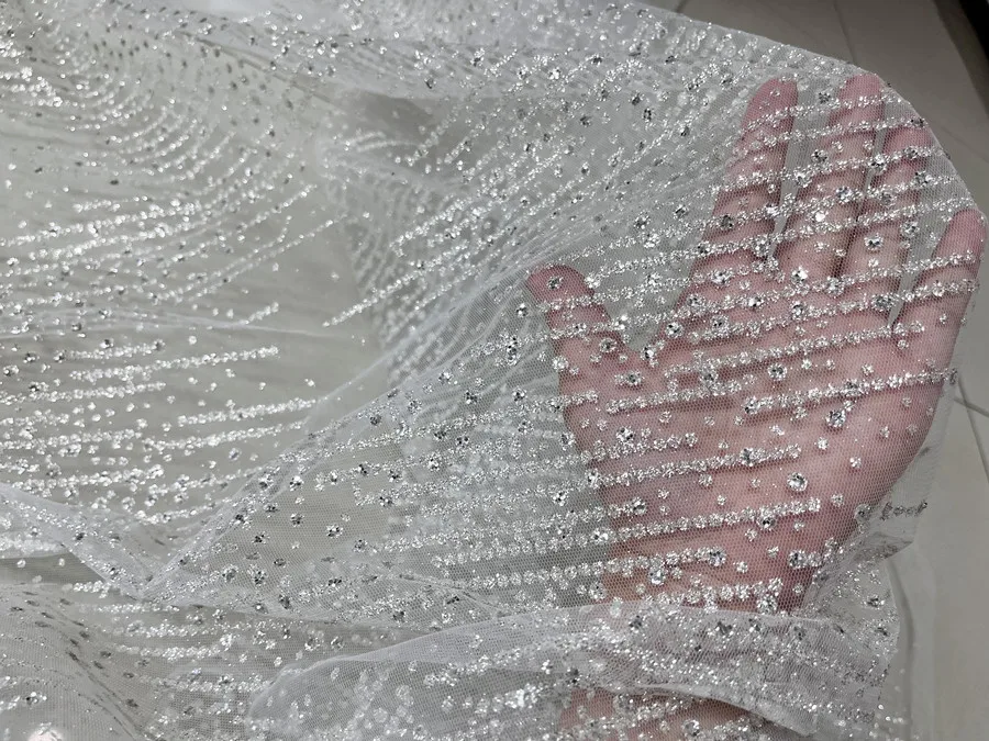 Vertical Stripes Silver Spray Gilding Shiny Powder Sequined Lace Draping Fabric for Wedding Dress Fabric