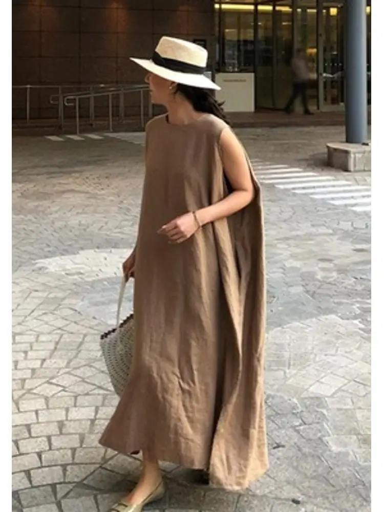 S-XL Korean Style Cotton Linen Women Dress Casual Sleeveless Vestidos Female O Neck Split Maxi Robe Sundress 2025 New