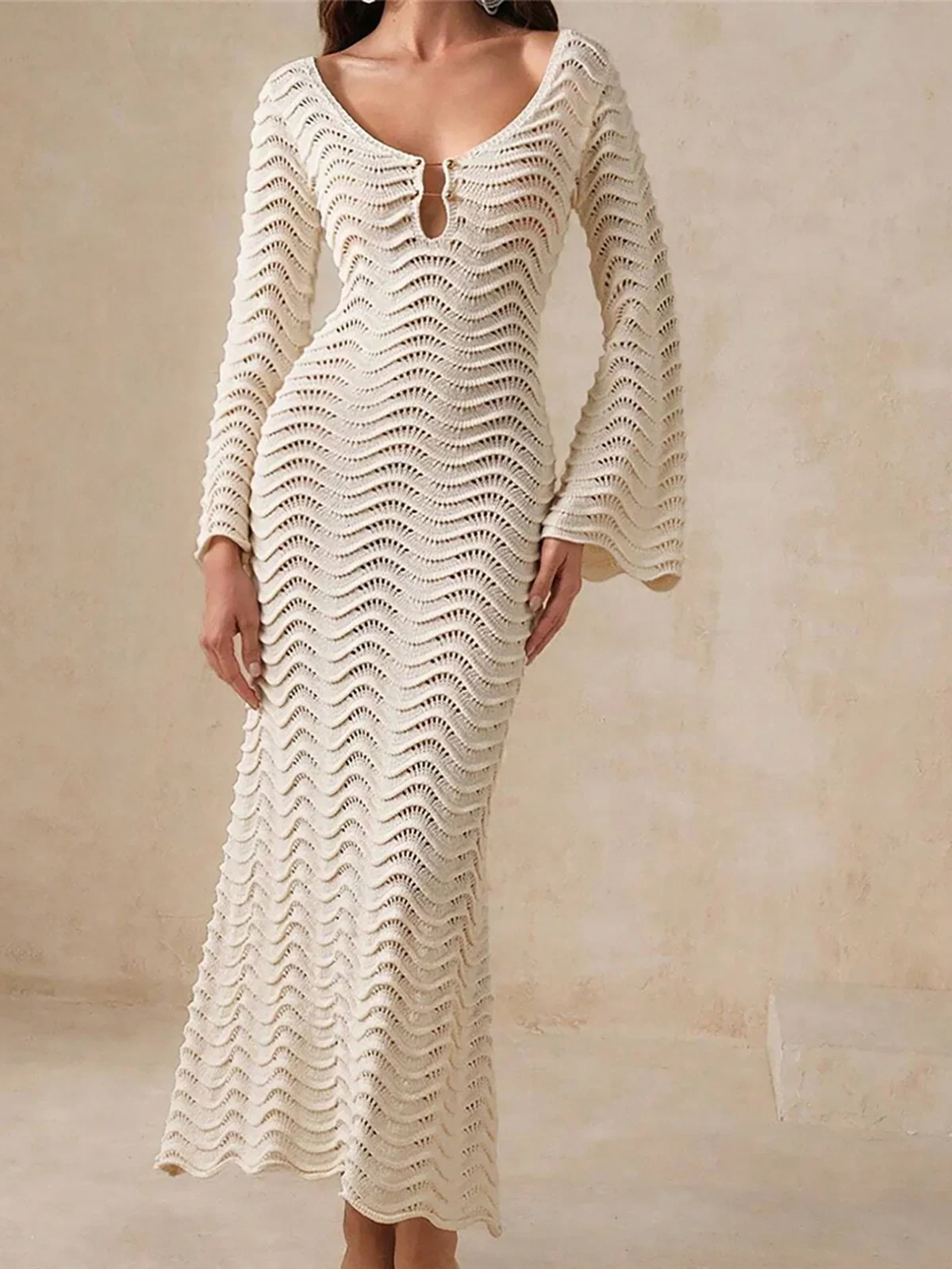 Long Sleeve Backless Wrinkled Crochet Knitted Tunic Beach Cover Up Cover-ups Beach Dress Beach Wear Beachwear Female Women K6360