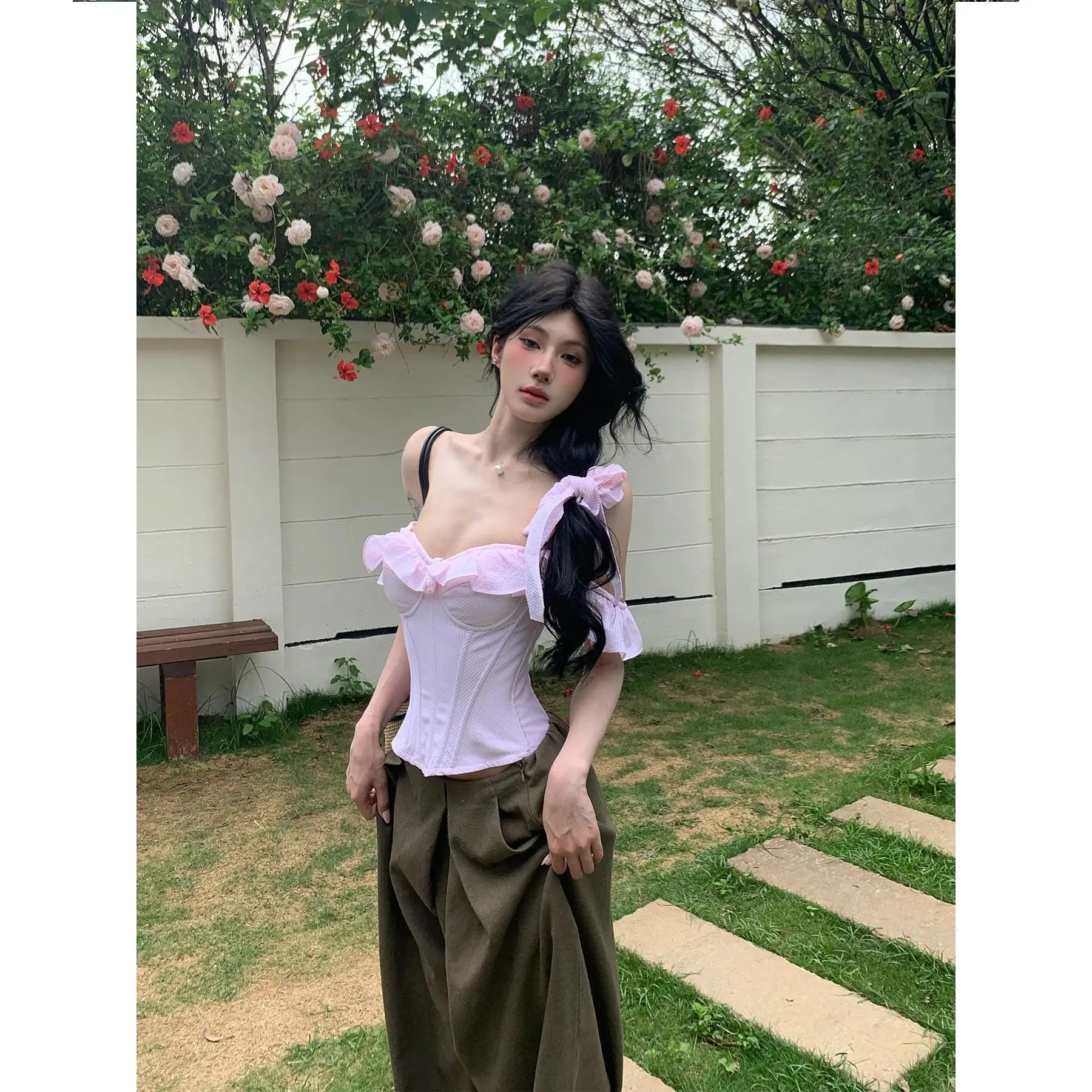 

Pink camisole vest for women 2025 summer new style spicy girl fishbone corset French strapless top for women