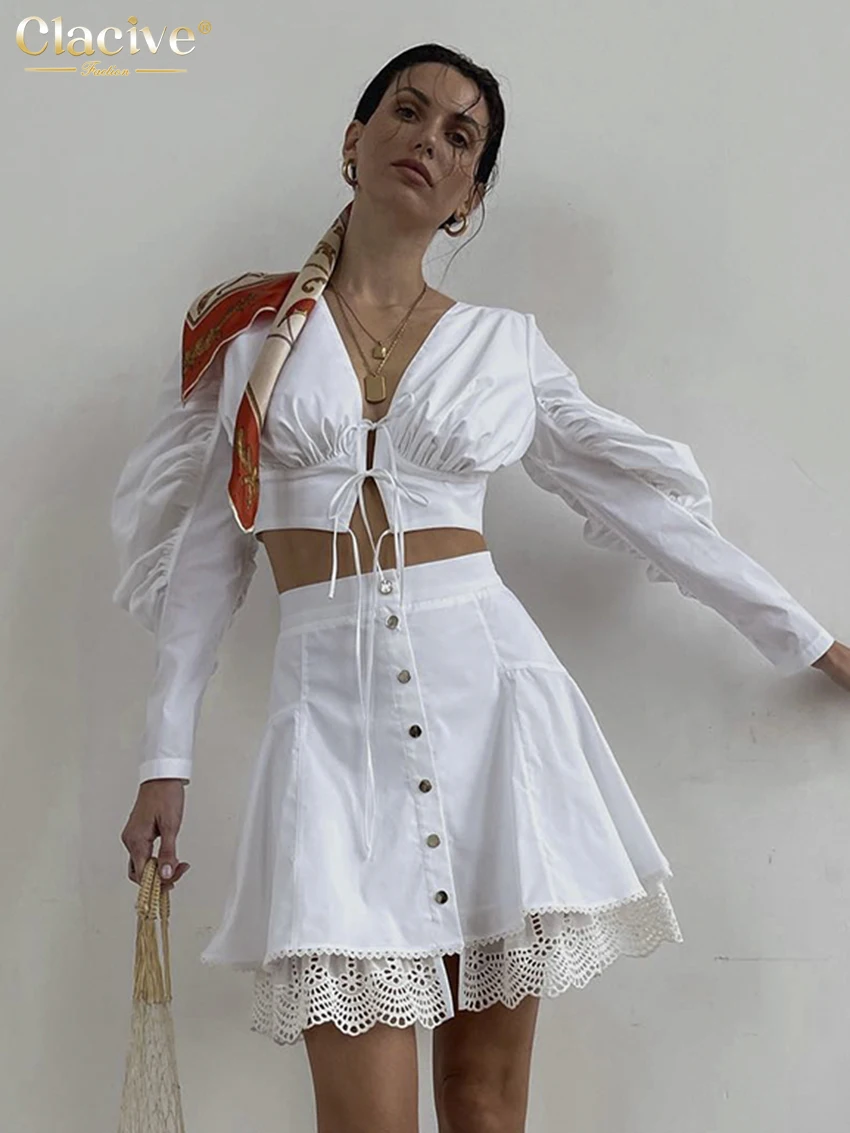 Clacive Fashion Loose White Cotton 2 Piece Sets Women Outfit 2025 Sexy Long Sleeve Crop Top With High Waist Mini Skirt Set