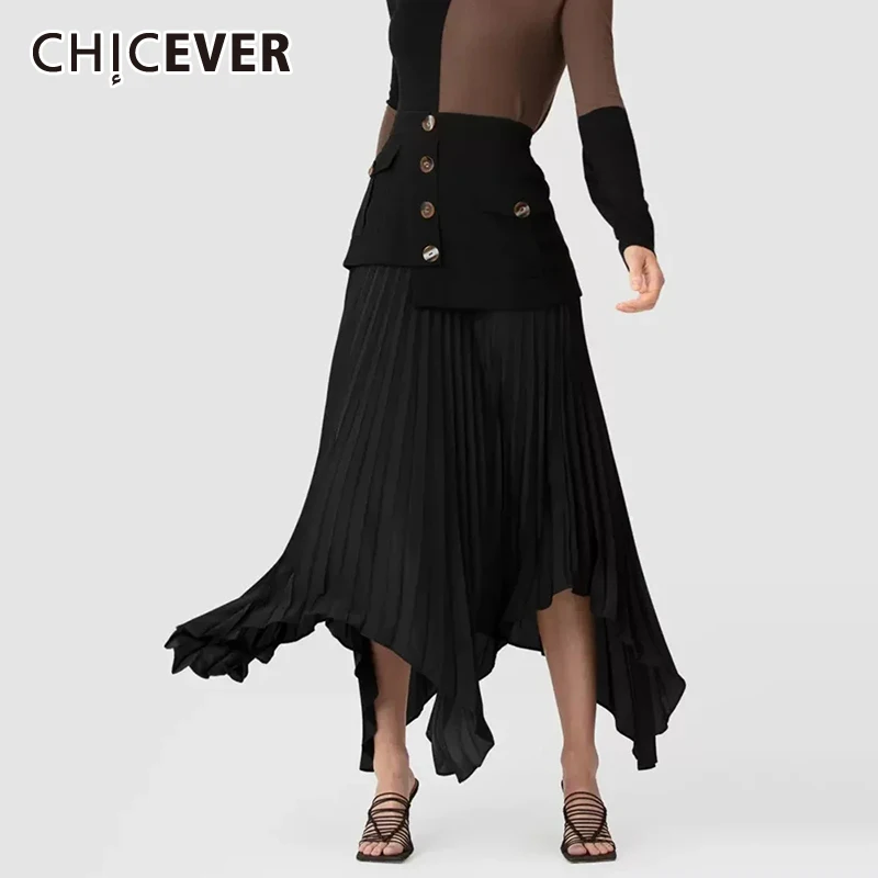 

CHICEVER Elegant Spliced Botton Skirts For Women Solid High Waist Slimming Patchwork Pleated Skirt Female Summer Clothes New