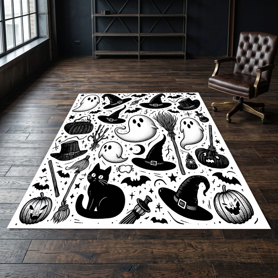 Dark Retro Witch Black Cat Halloween Area Rug