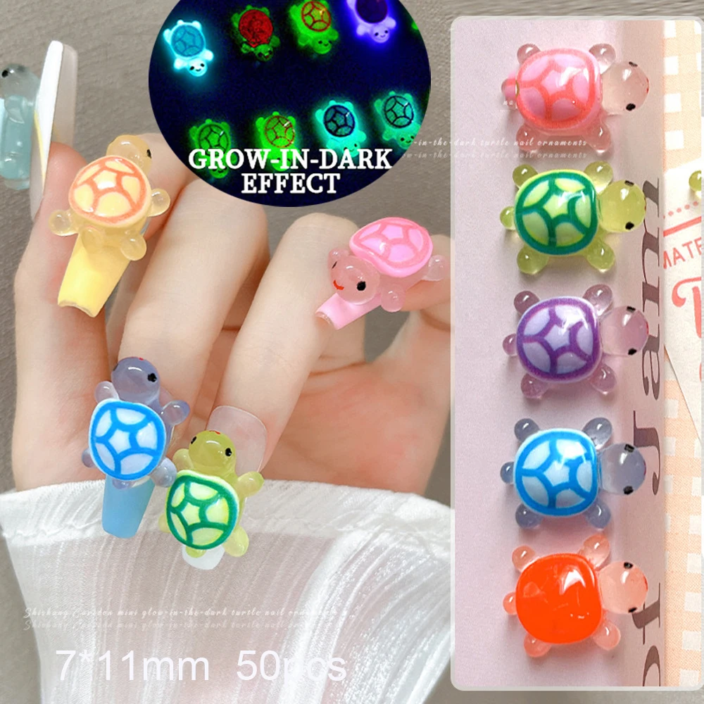 50pcs Glow-in-the-Dark Turtle Nail Art Decoration Resin Luminous Turtle Nail DIY Jewelry Cartoon Mixed Color Fingernail Accessor