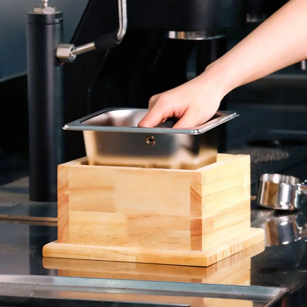 Modern Coffee Grounds Bin Stainless Steel Wood Base Anti Slip Knock Box Espresso Waste Container For Home Office
