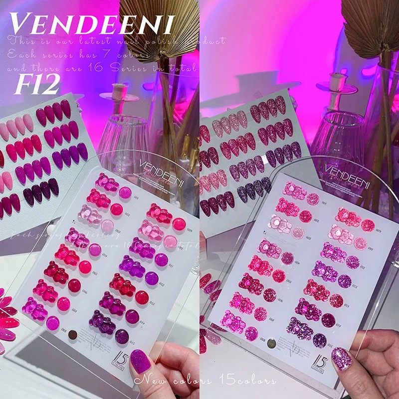 Vendeeni Nail Supplies Odblaskowy Fioletowy Żel Disco 15 Kolorów TPO Bez HEMA Kolekcja Żeli do Paznokci z Diamentowym Brokatem do Zdobienia Paznokci