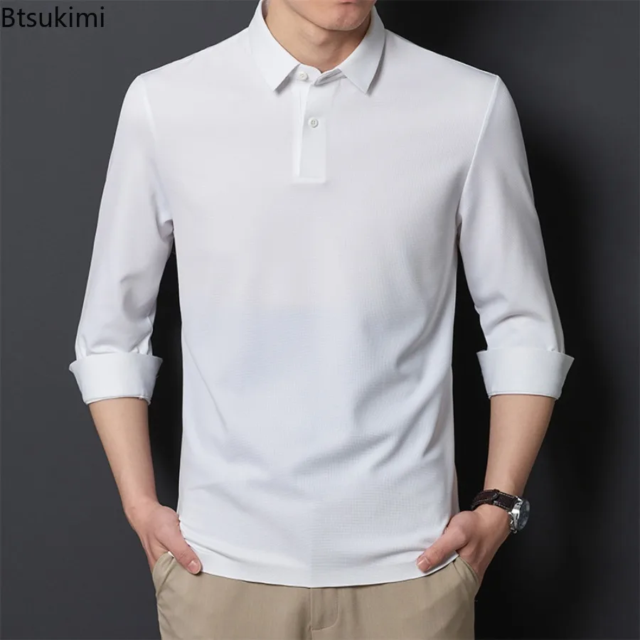 

2025 Men's Business Casual Long Sleeve Shirts Spring Autumn Fashion Solid Polo Shirts Breathable Comfortable Versatile Tops Male