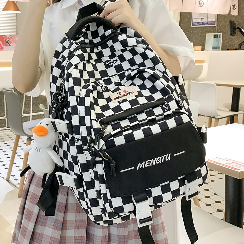 Students Black and White Plaid School Backpack Multi Pocket Nylon Cloth Eco-friendly Unisex Rucksack Sweethearts Travel Knapsack