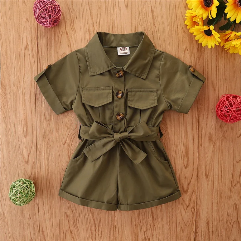 2024 Summer New Solid Color Short Sleeve Pocket Lapel Girls Jumpsuit Single-breasted Waist Fashion Overalls 1-5T