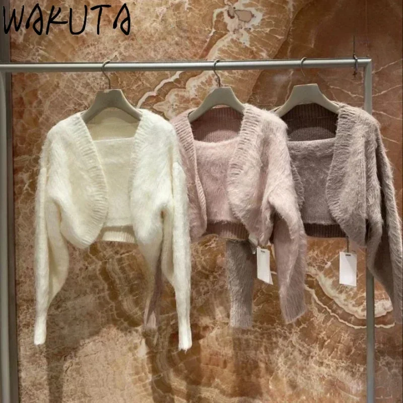 Wakuta Fashion Long Sleeve Solid All-match Sets Cardigan Sling Slash Neck Sweet Elegant Vest Japan Knit Casual Suit Sweaters