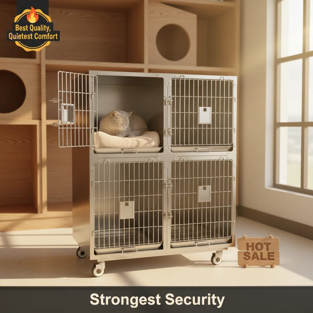 EUR VET Four Door Stainless Steel Cage Silent Auto Lock Acrylic Board Upper Lower Independent Area Round Corners Mute Casters