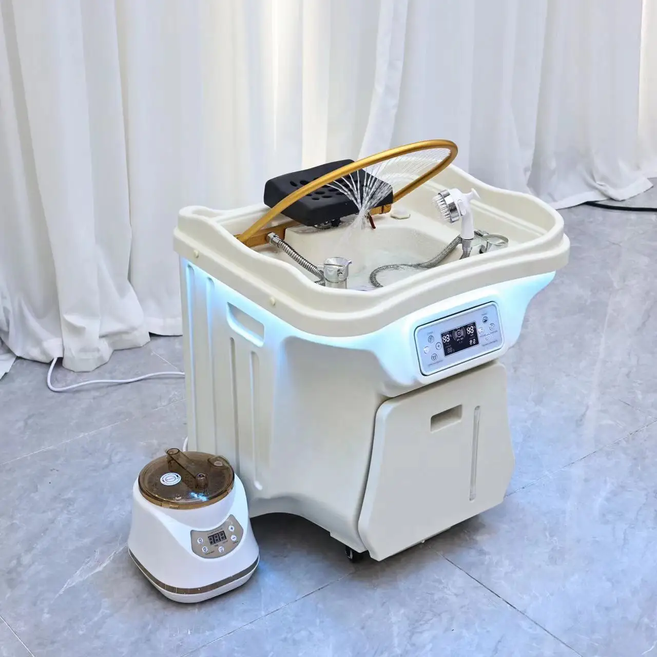 !@！@Luxury Modern Waterfall Hair Washing Head Therapy Spa No Plumbing Portable Shampoo Basin Sink Adjustable Footrest ABS Materi