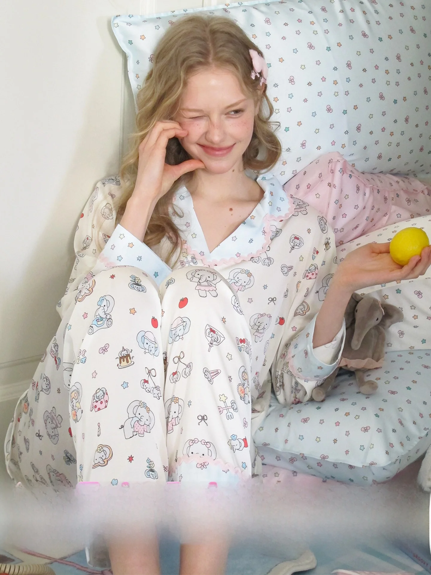 RooMance Elephant Print Silk Sleepwear Set Women's Summer Sweet Home Clothes Ice Silk Long Sleeve V-Neck Comfortable Loose Fit