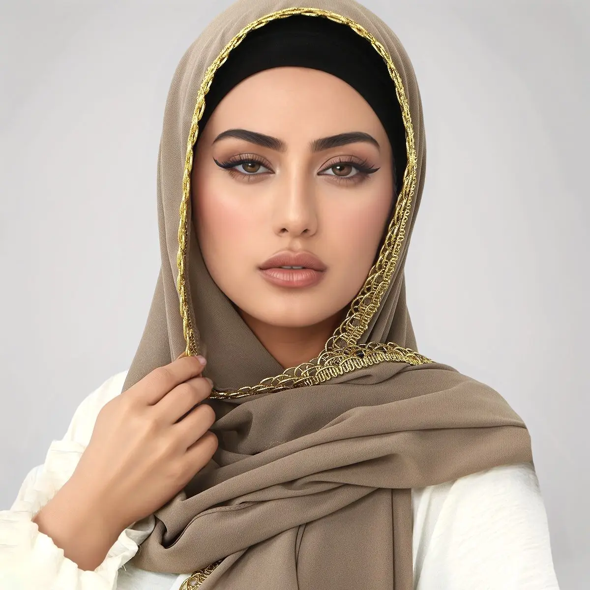 أنيقة الذهب الدانتيل وشاح شيفون المرأة المسلمة قسط الحجاب حك النمط العربي عادي عمامة شالات الإسلام عقال هدايا رمضان #2