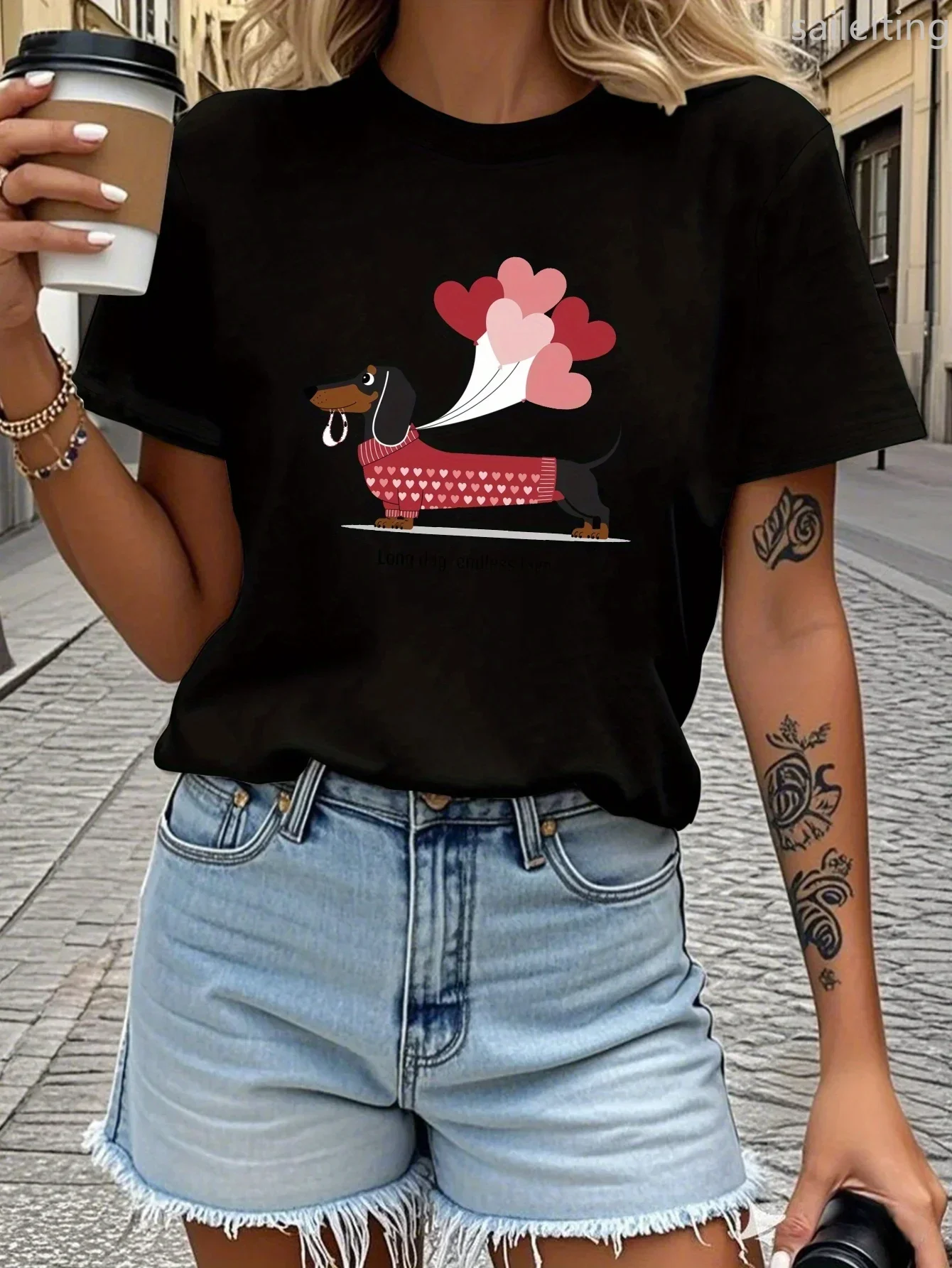 Teediy Dackel-Luftballons, langer Hund, endlose Liebe, bedrucktes Damen-T-Shirt, bequem, für Damen, Harajuku-Ärmel, lässige ästhetische Kleidung