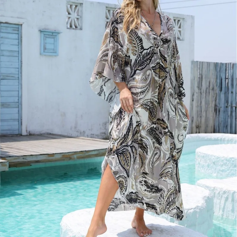 

Women Stamp Floral Loose Beach Swim Bikini Coverups Bathing Suit Cover Ups Blouse Swimwear Resort Wear Women Clothing
