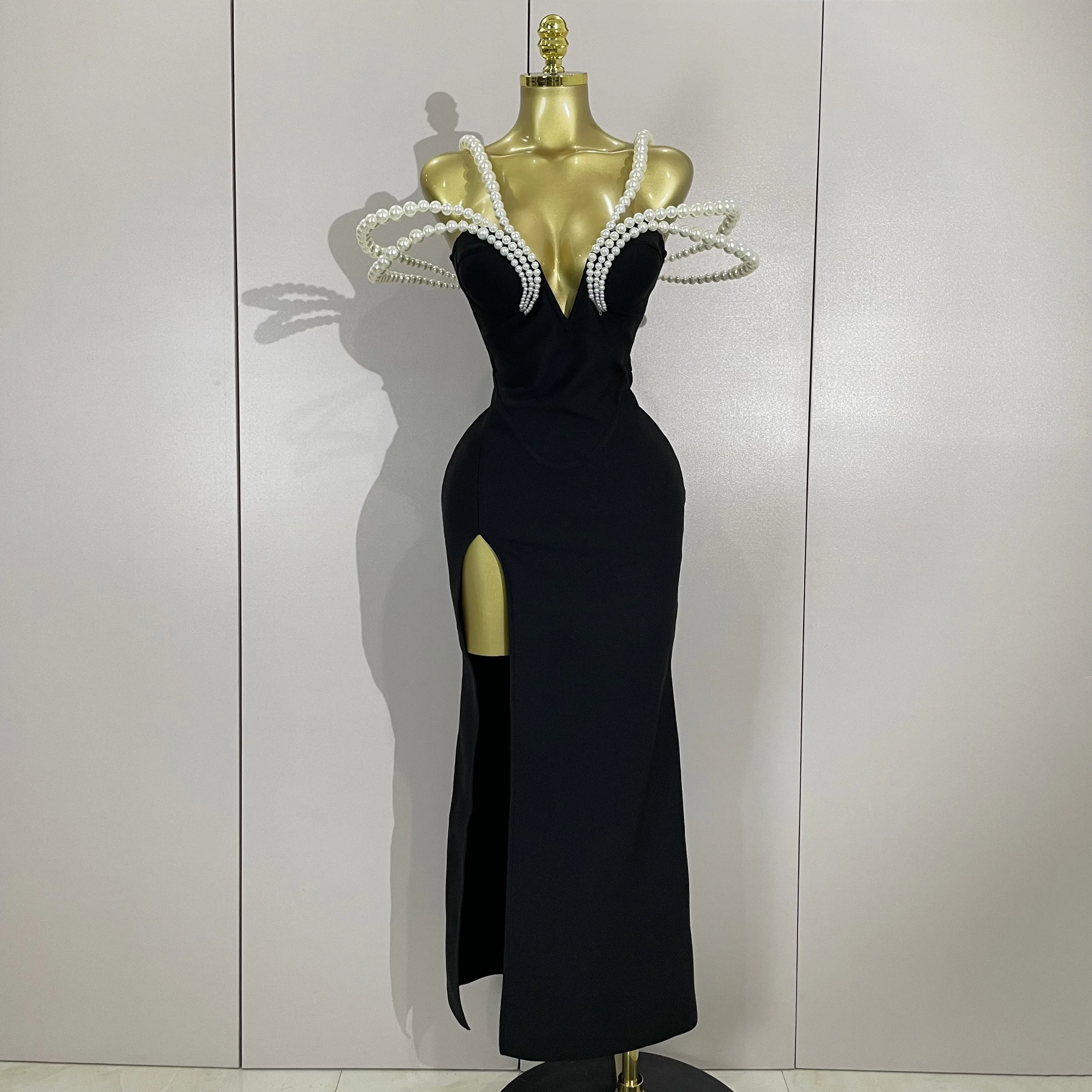 Luxury Designer Pearls V Neck Maxi Long Bandage Bodycon Dress Women Celebrity Evening Party Birthday Gowns Singer Stage Costumes