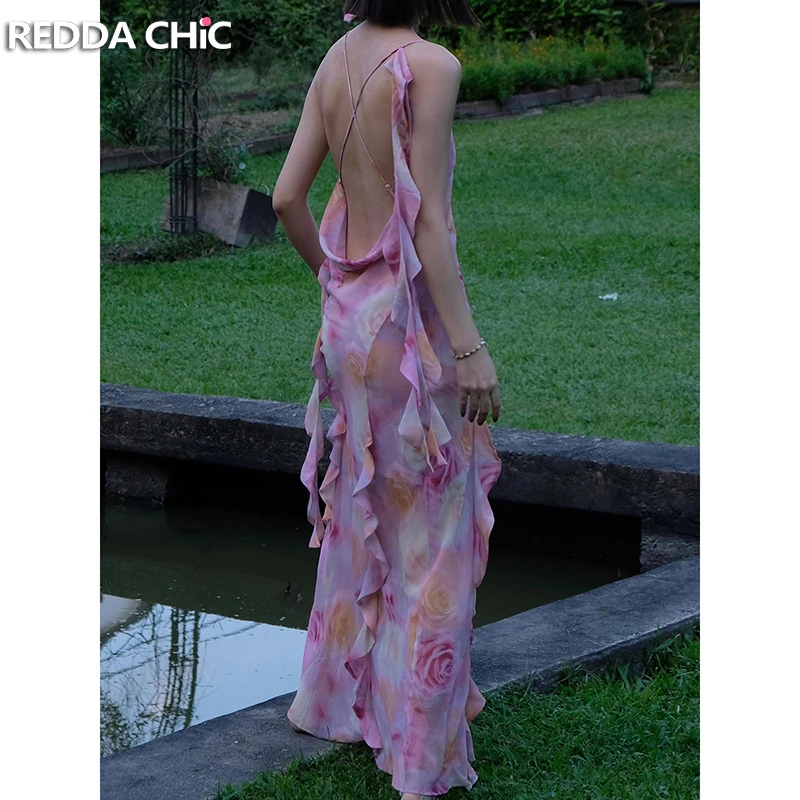 

REDDACHiC Women Valentine's Day Floral Dress Summer Plunging V-neck Backless Ruffled Split Maxi Long Dress Holiday Beachwear
