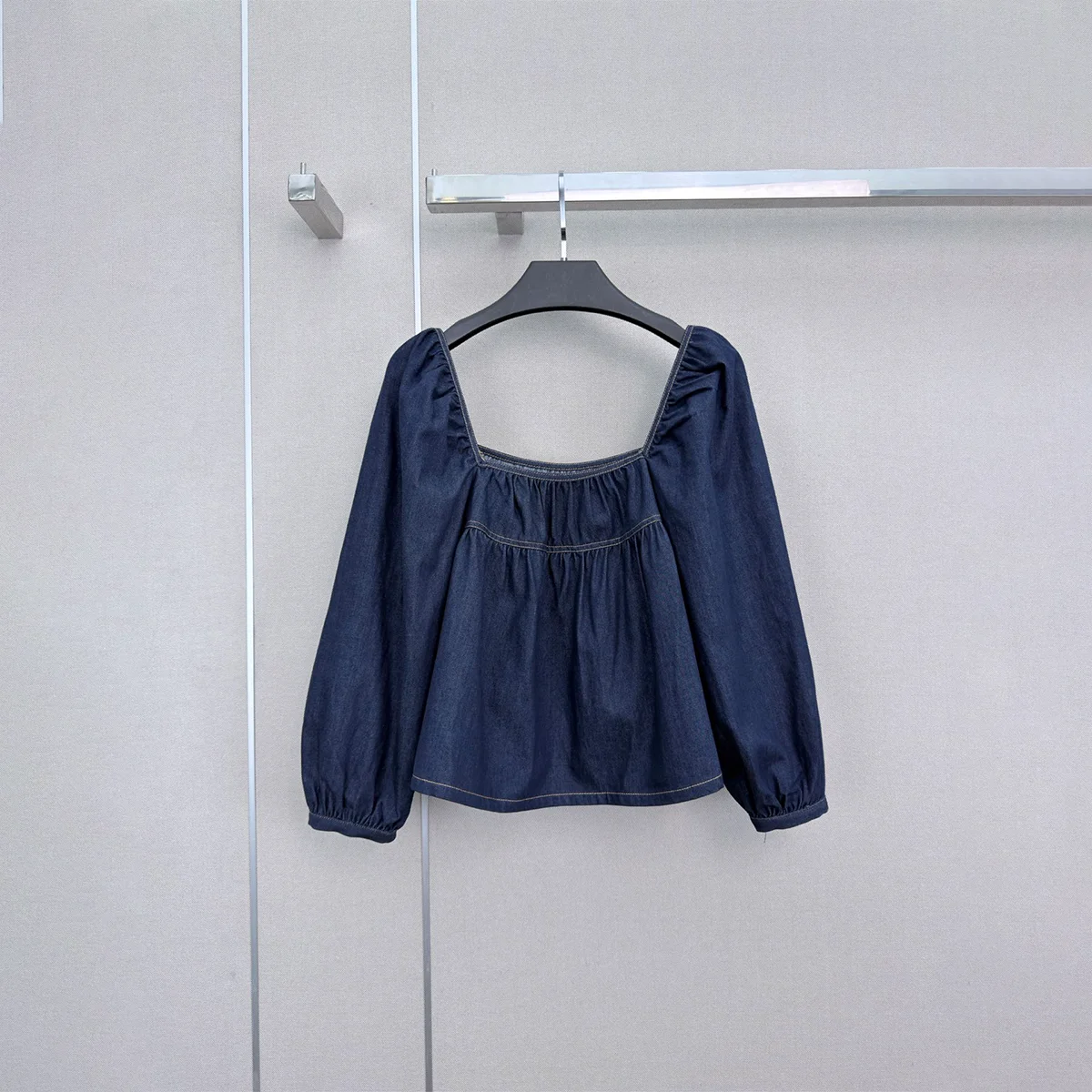 2026 High Quality New Women's Square Neck Bubble Sleeve Short Denim Top--hb731