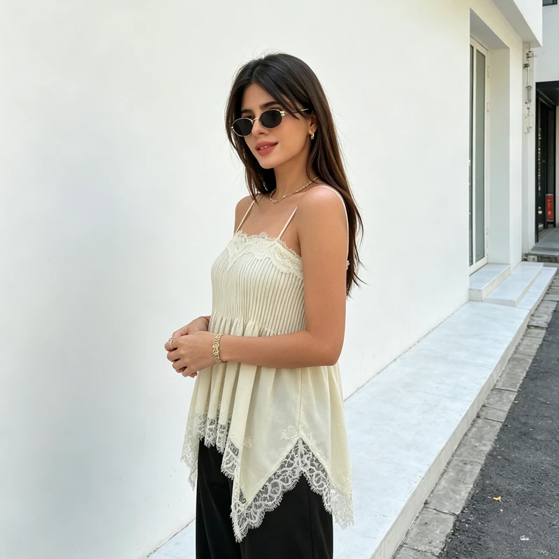 MUJER Plissiertes Spitzen-Camisole-Top für Damen Sommer 2026 – Sexy rückenfreies Top mit Trägern im Street-Style für den Abgang ins Ausgehen – Detail 3