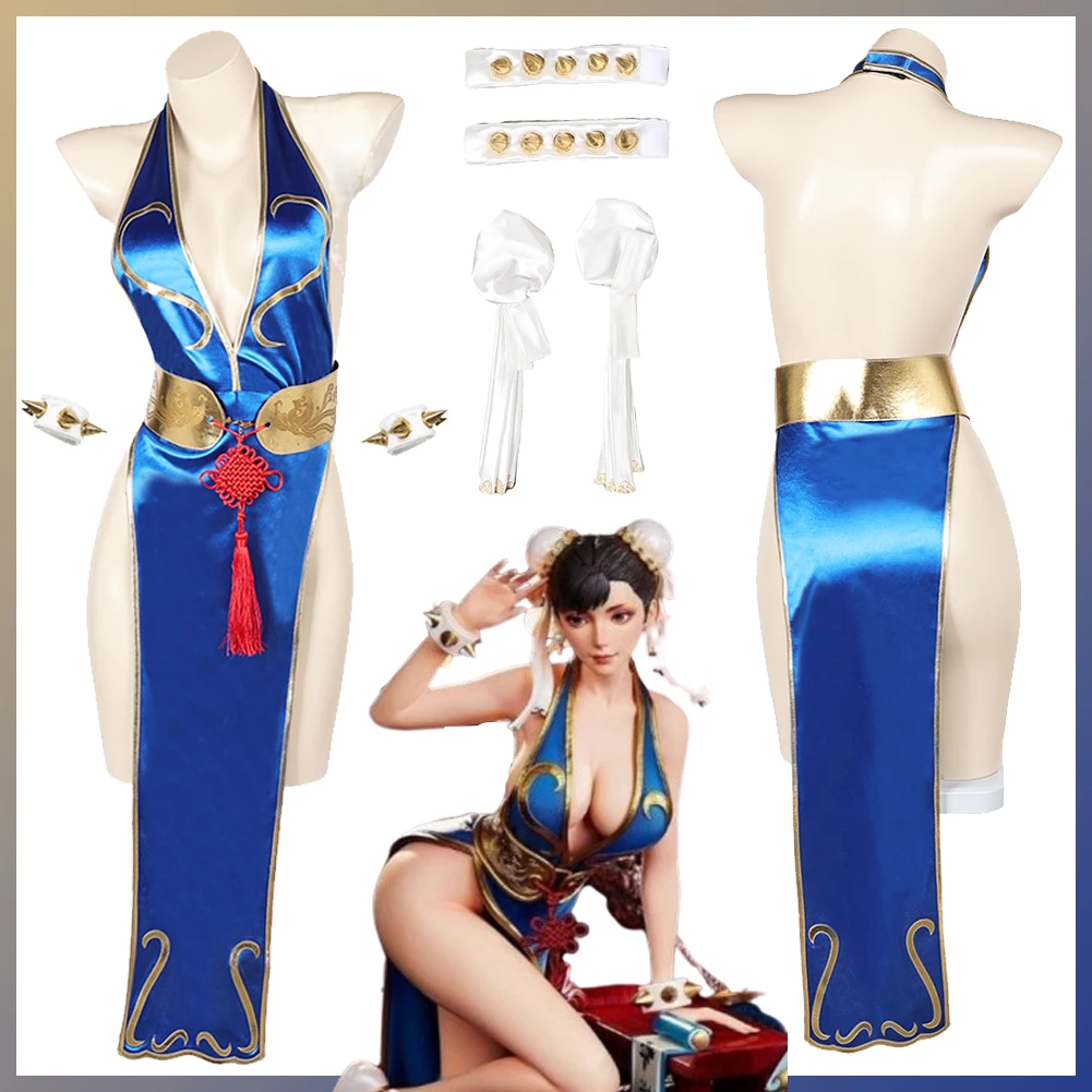 

Chun Li Cosplay Anime Fighter Fantasy Women Dress Game SF Disguise Costume Sexy Cheongsam Girl Female Halloween Roleplay Suit