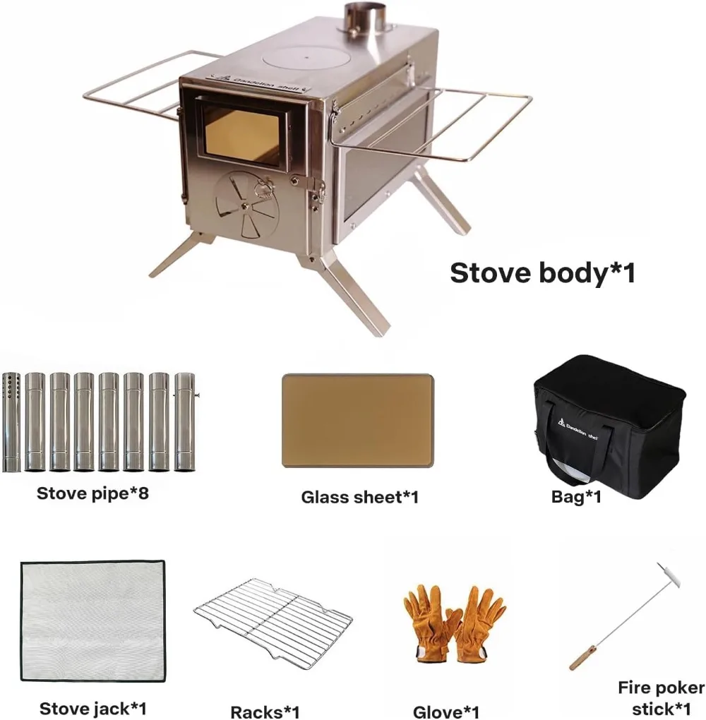 

Портативная дровяная печь со смотровым стеклом, 8 дымохода для кемпинга, приготовления пищи, отопления - нержавеющая сталь 304