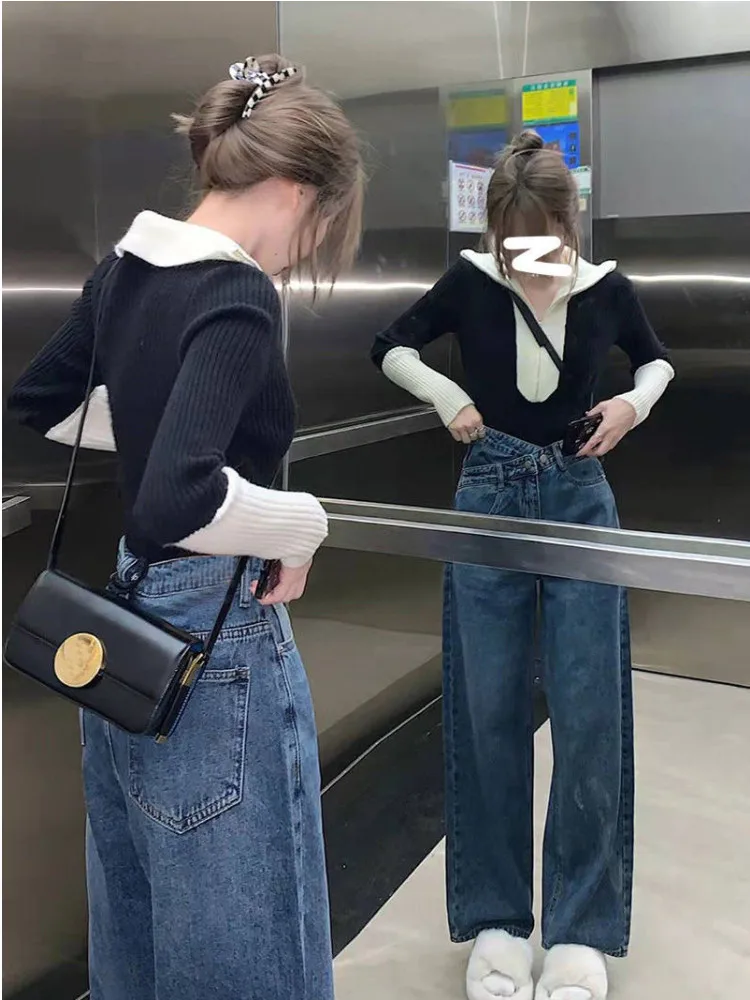 2023 Lente Sweet Style Draag Lichte Volwassen Stijl Dameskleding Hong Kong Stijl Gebreide Trui Jeans Tweedelige Set Voor Dames