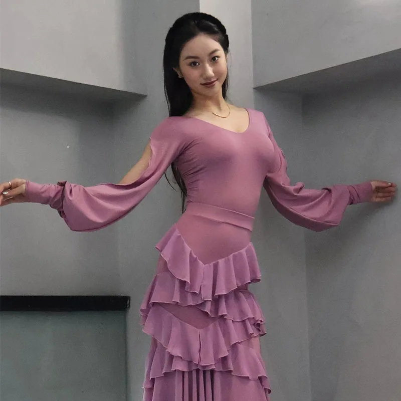 새로운 볼룸 댄스 의상 핑크 슬릿 긴 소매 레오타드 연습 탑 왈츠 댄스 연습복 룸바 라틴 살사 탑 BL18291