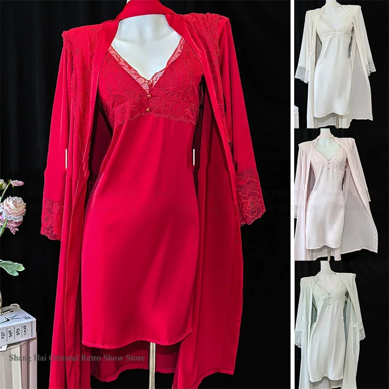 

Sexy Female Twinset Robe Set Lace Suspender Nightgown Intimate Lingerie Spring Summer Ice Silk Sleepwear Women Homewear Pajama