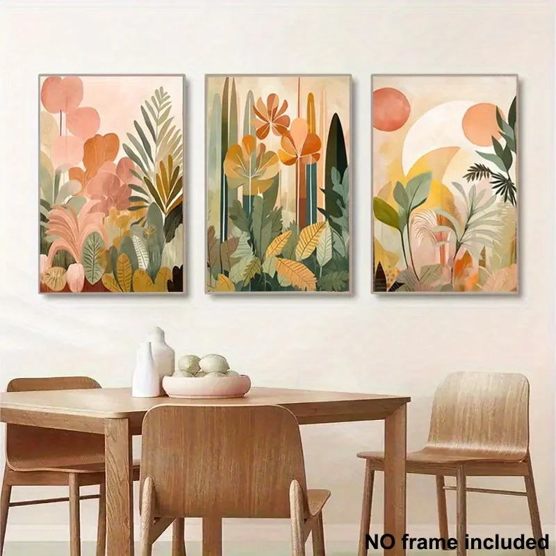 مسطح ثنائي الأبعاد، 3 قطع، مطبوعات قماشية بدون إطار ثنائية الأبعاد، مجموعة فنية لتزيين المنزل مكونة من ثلاثة نباتات ملونة تجريدية وجدار الغابة الاستوائية الأزهار أ