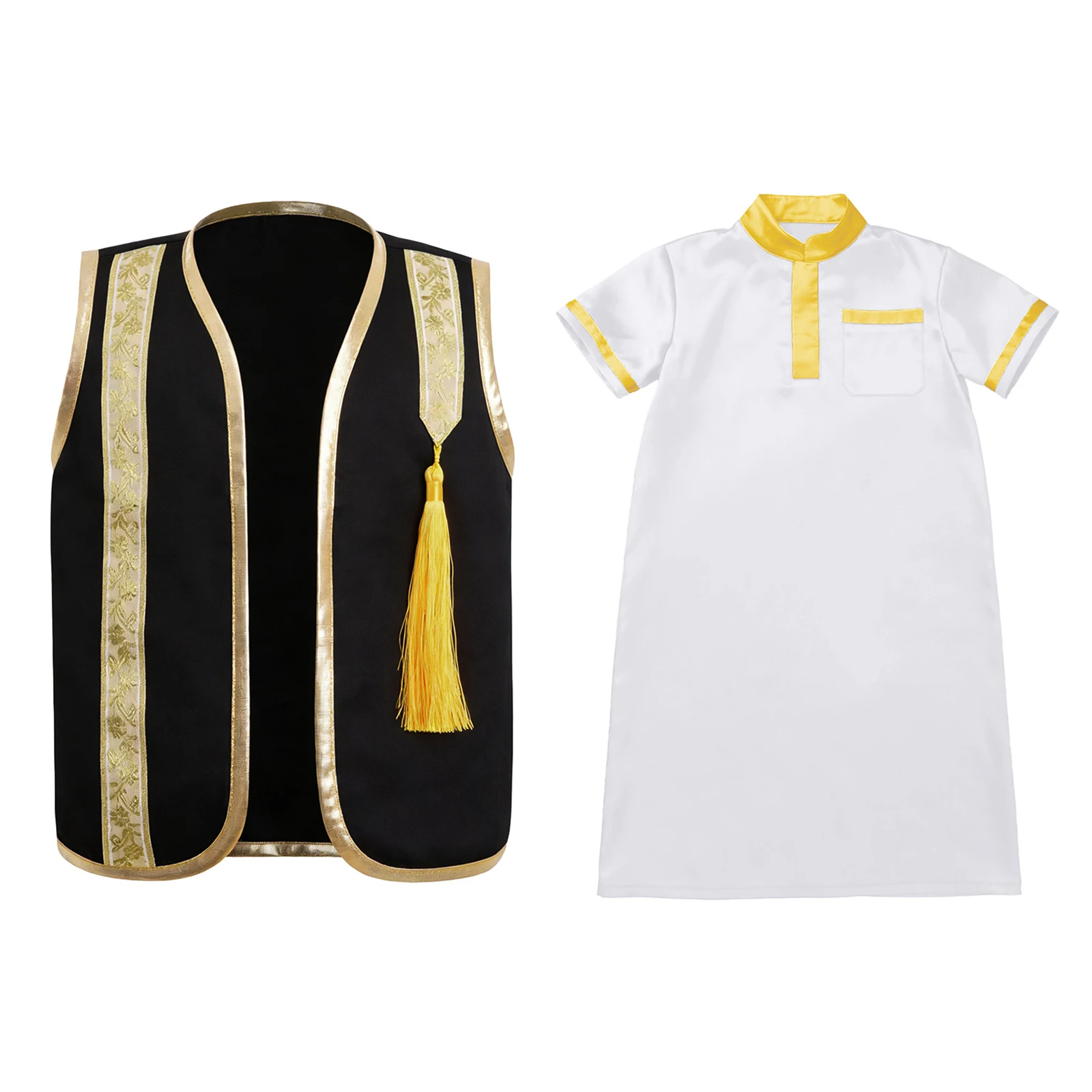Baby Muslim Arab Dubai Prayer Abaya Kaftan Vest Short Sleeve Satin Robe with Waistcoat Middle East Islam Ramadan Eid Clothes