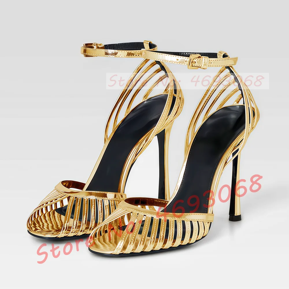 Gold Cage Peep Toe High Heels Sandals Women Stylish Silver Mirror Leather Cut Out Stilettos Ladies Elegant Cross Strap Sandals