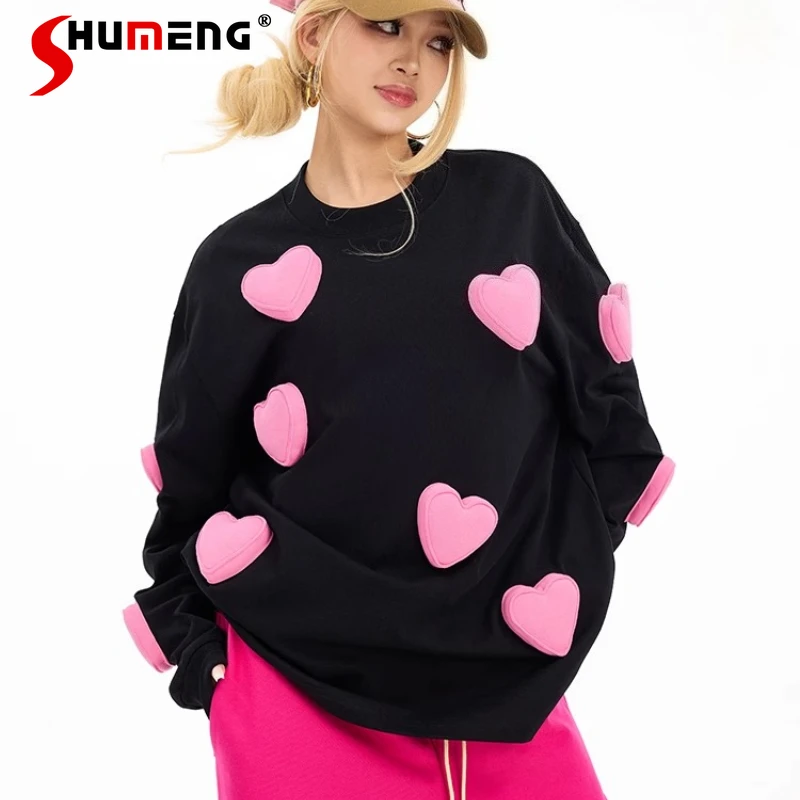 

Couple 2025 Spring Autumn New Tops Three-dimensional Cotton Love Heart Tees Loose Round Neck Long Sleeve Color Matching T-shirts