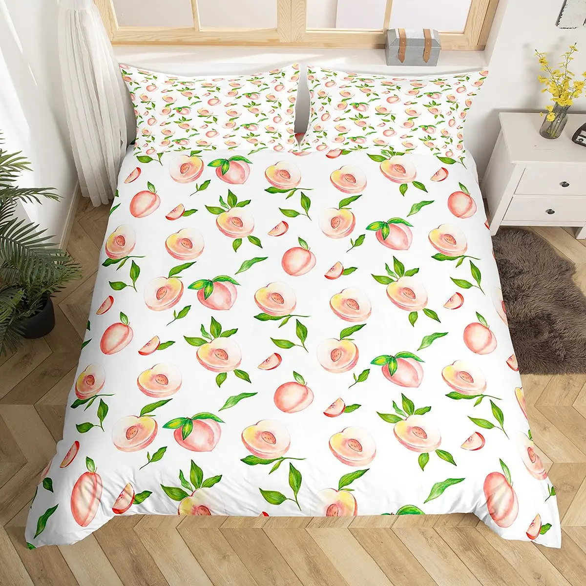 Pink Peach Bedding Set Cartoon Duvet Cover Twin Size Comforter Cover Girl Lovely Peach Quilt Cover Cute Fruits Soft Room Decor