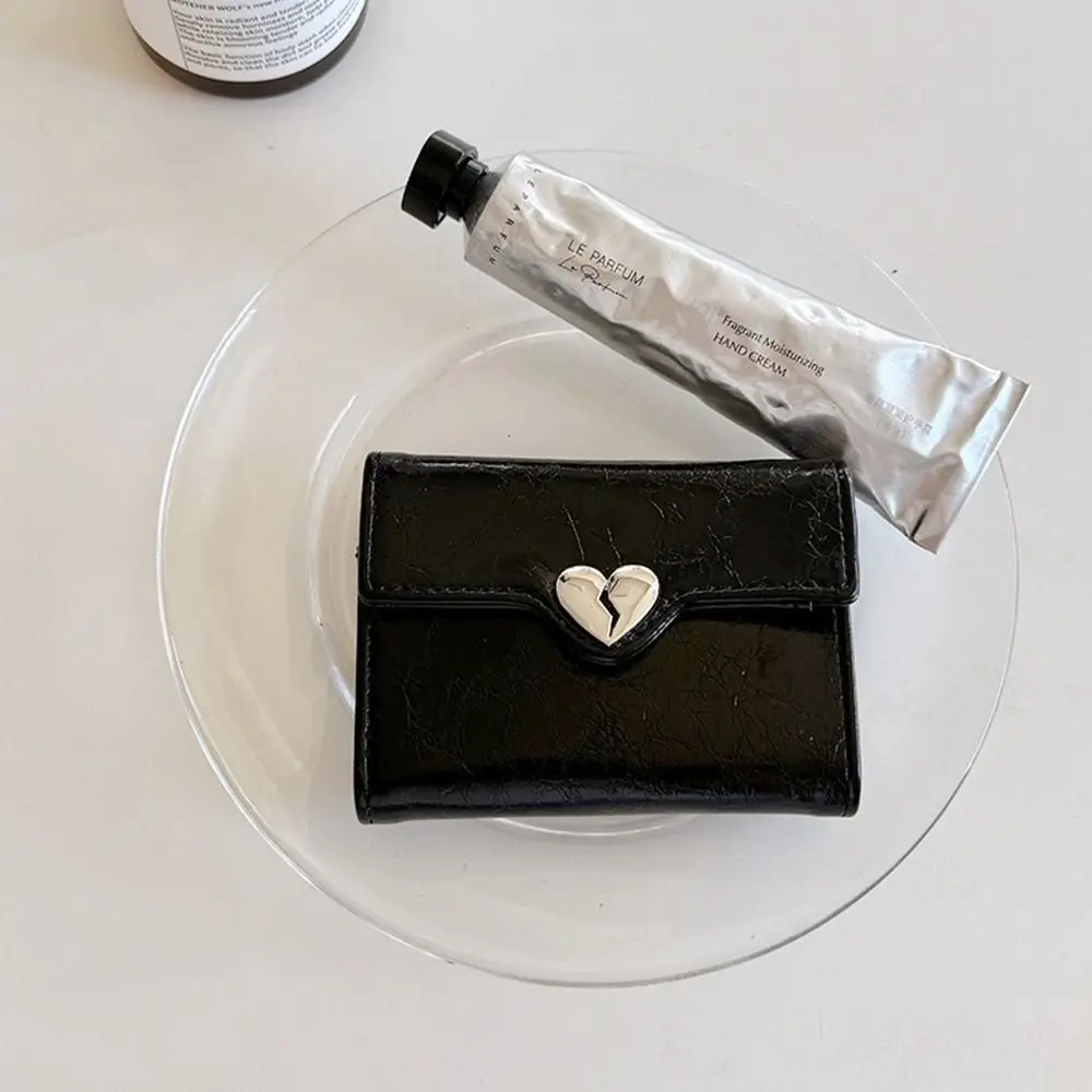 Portable Korean Crack Heart Wallet PU Leather High Quality Women's Leather Wallet Short Fold Student Purse Ladies