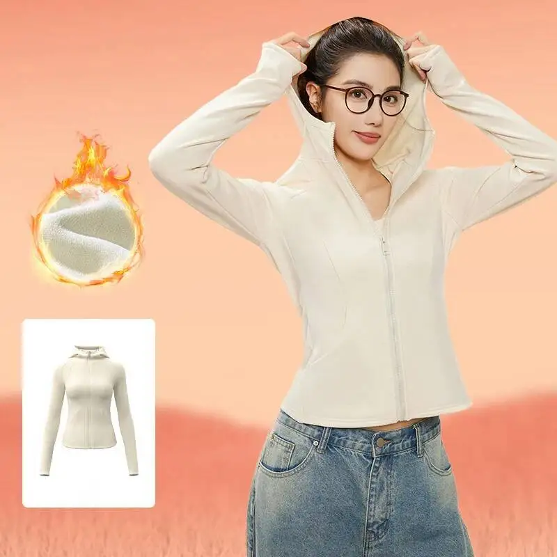 

Шикарный дизайн с отверстием для большого пальца, спортивная куртка, женская осенне-зимняя утолщенная флисовая толстовка на молнии, теплое пальто для йоги, модная уличная спортивная одежда