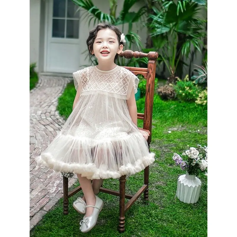 

New 2024 Girls Prin cess Dress Casual Spring Summer Children's Wear Korean Pearl Neck Princess Dress Fashion Yarn Dress Dress