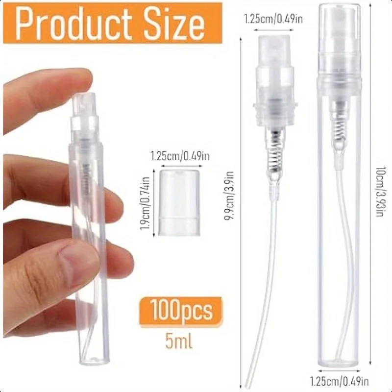 100 Stück 5ml Mini Klare Leere Plastik-Sprühflasche Nachfüllbarer Kosmetik-Zerstäuber Feiner Nebel Flasche für Ätherische Öle für Reisen – Detail 2