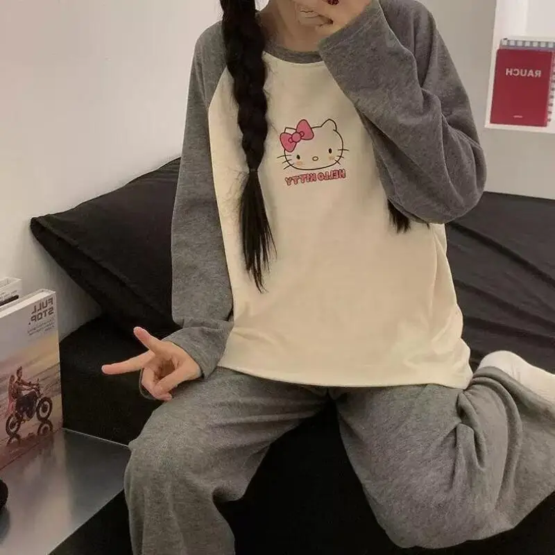 Hello Kitty Sleepwear Two Piece Set Ins Women's Thick Long Sleeve Cartoon Color Blocked Spring Autumn Home Clothes New Cute Gift