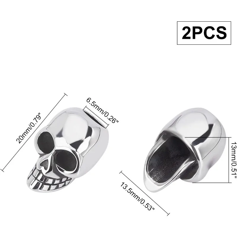 2pcs Stainless Steel Skull Beads Antique Silver Loose Beads 6.5mm Large Hole Finding Beads Halloween Decoration for Jewelry