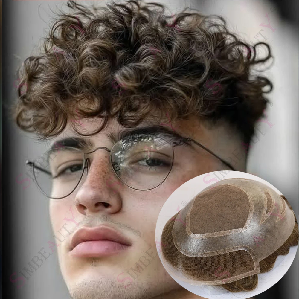 

Натуральная линия волос Пепельно-русый серый 20 мм вьющиеся универсальные человеческие волосы Мужской парик Швейцарский кружевной передний мужской парик Отбеливающие узлы Шиньоны